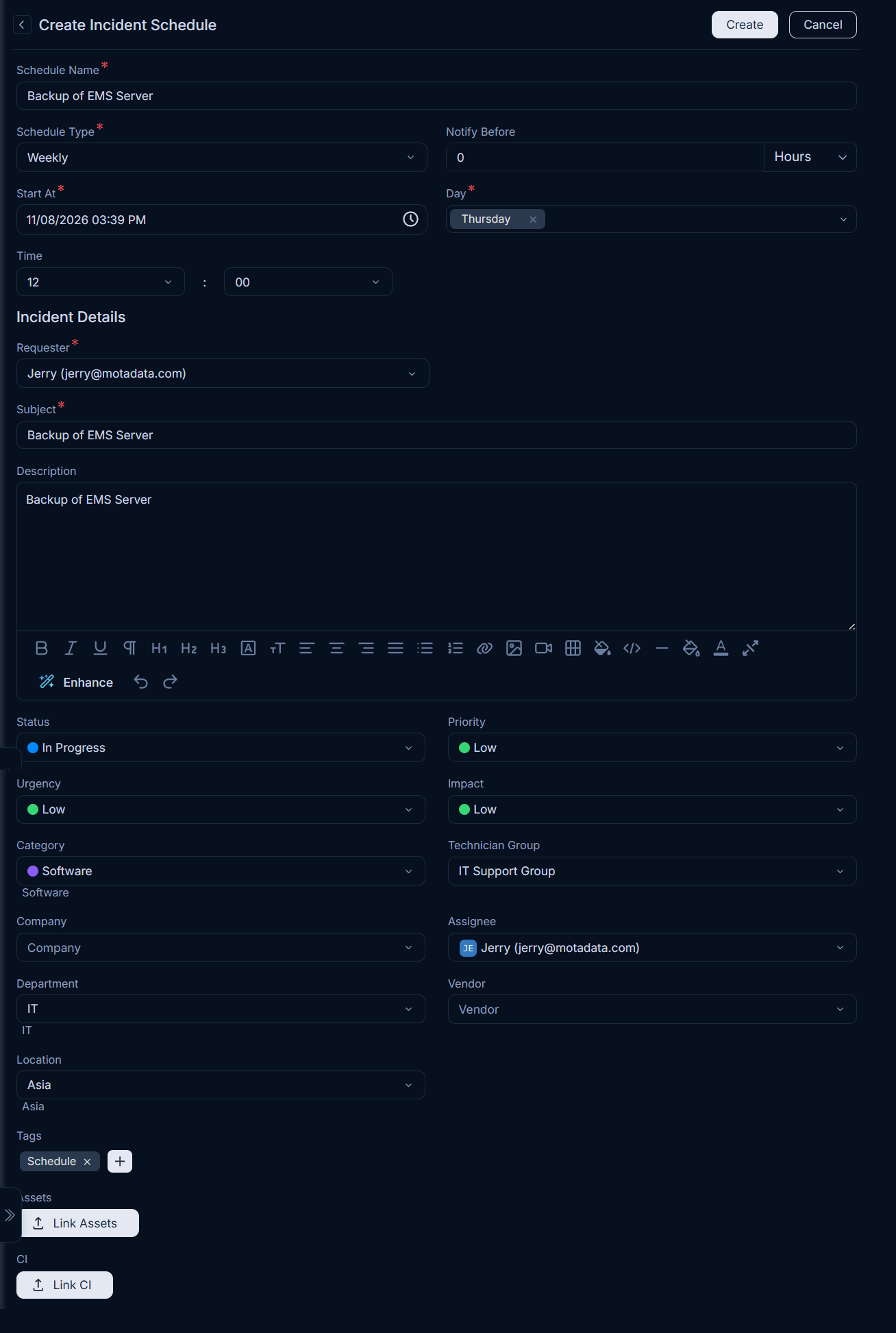 Create Incident Schedule Page