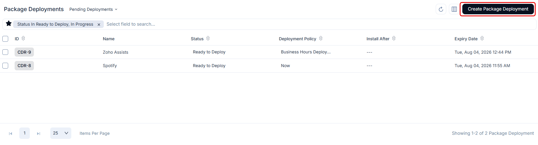 Create Package Deployment button