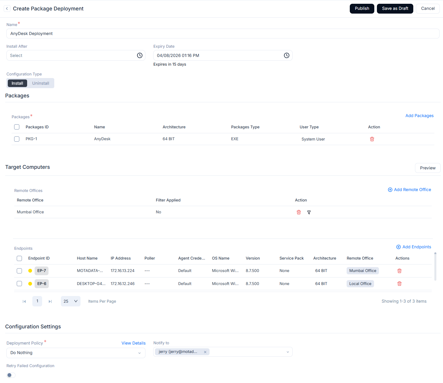 Create Package Deployment Page