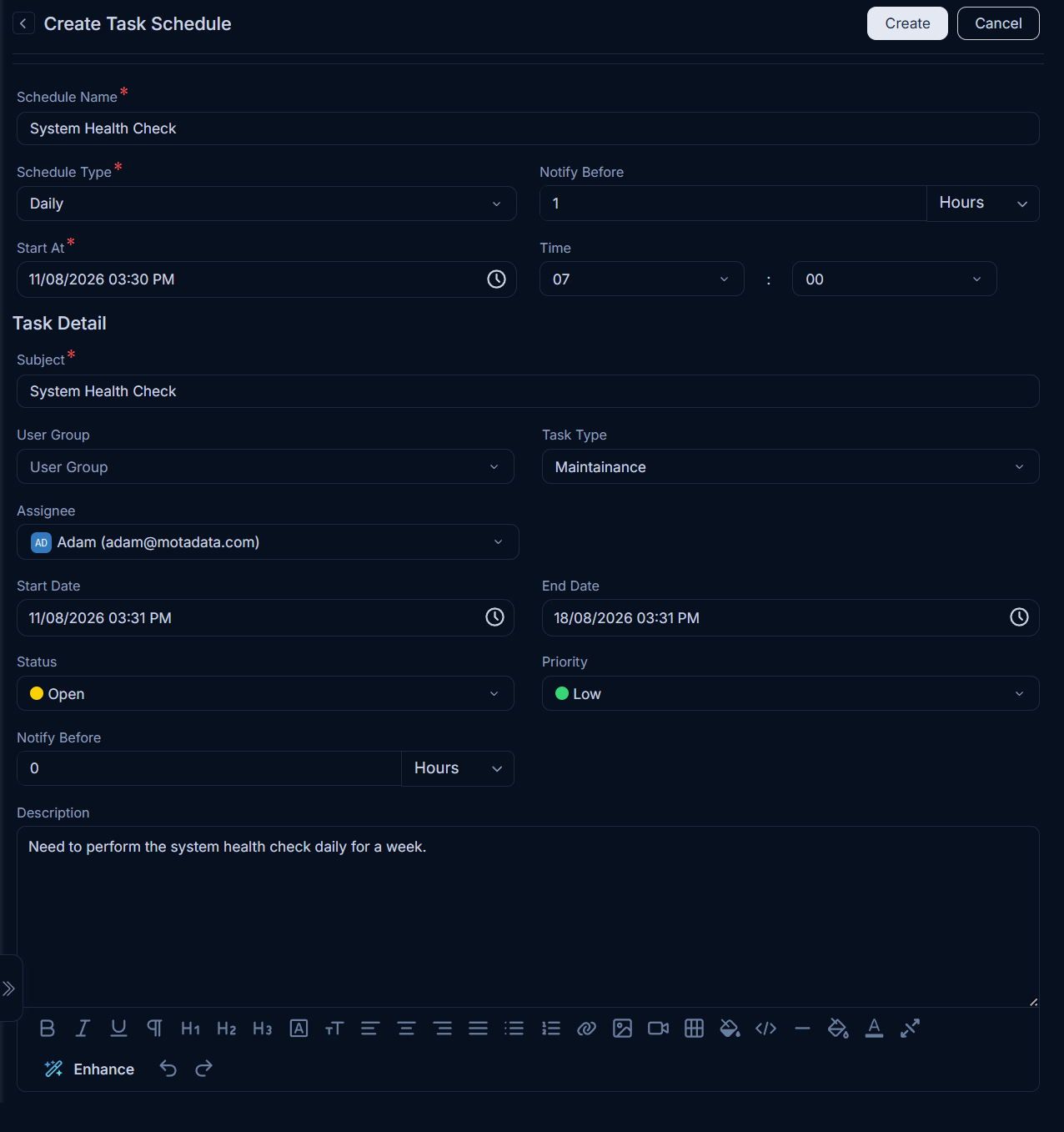 Create Task Schedule Page