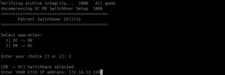 Switchover utility showing DR ETCD IP 172.16.13.169 entered at the prompt