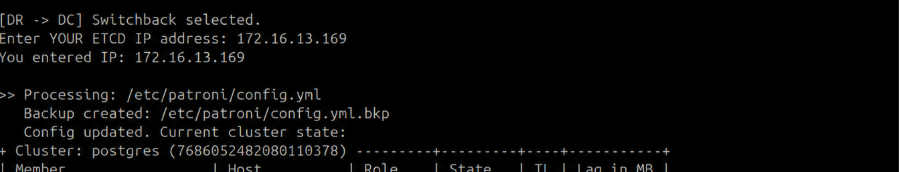 Terminal showing Phase 2.1 config processing with DR ETCD IP, backup created, and cluster state output