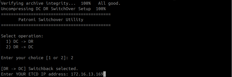 Switchover utility showing DR ETCD IP 172.16.13.169 entered on the DC master