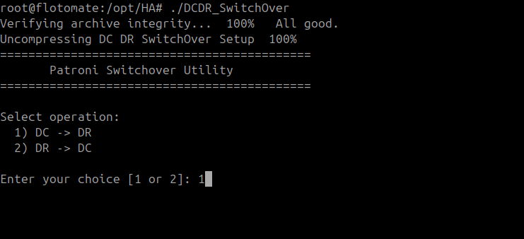 Patroni Switchover Utility with option 1 entered on the original DC master machine