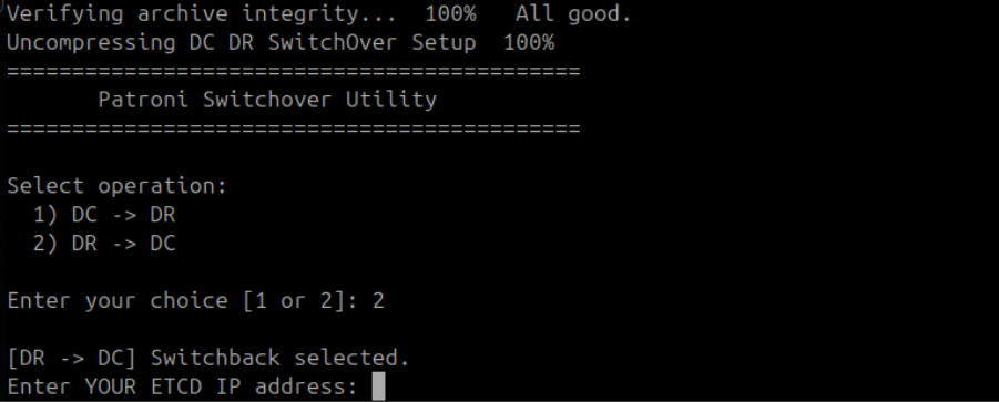 Switchover utility showing DR to DC selected and Enter YOUR ETCD IP address prompt for Phase 3.1