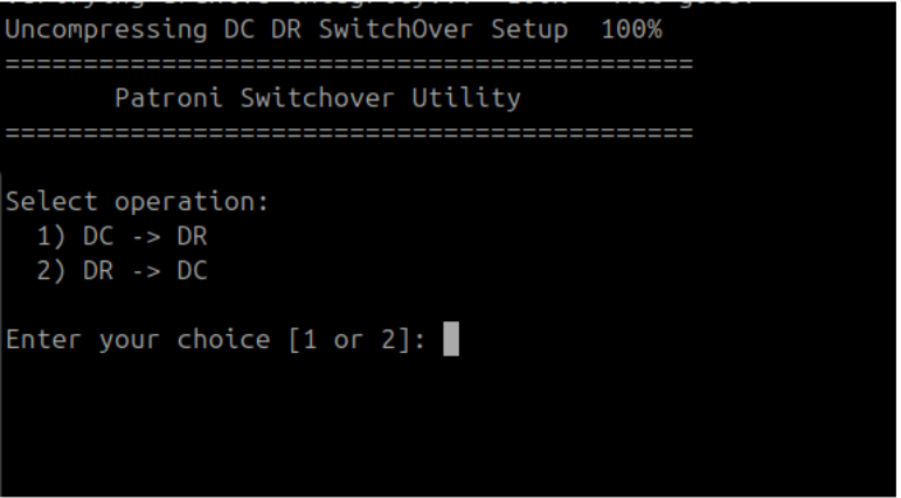 Patroni Switchover Utility menu on the DC slave machine for Phase 3.2