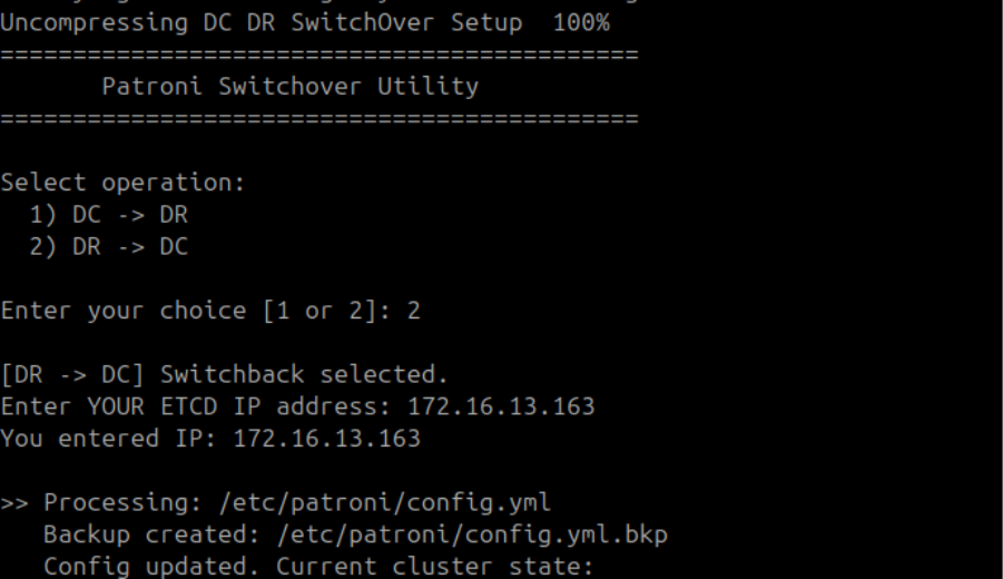 Terminal showing Phase 3.3 config processing with DC ETCD IP 172.16.13.163 on the DR machine