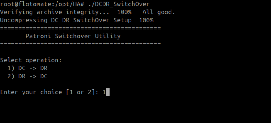 Switchover utility with option 1 entered on the DR machine for Phase 3.3