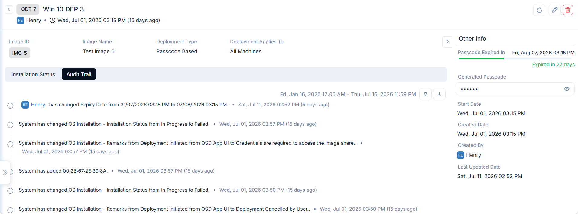 Deployment details page showing the Audit Trail tab with a timeline of system and user events