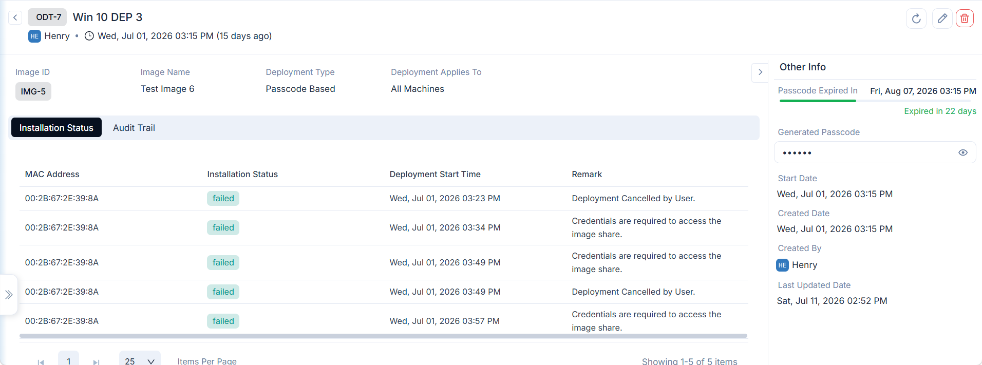 Deployment details page