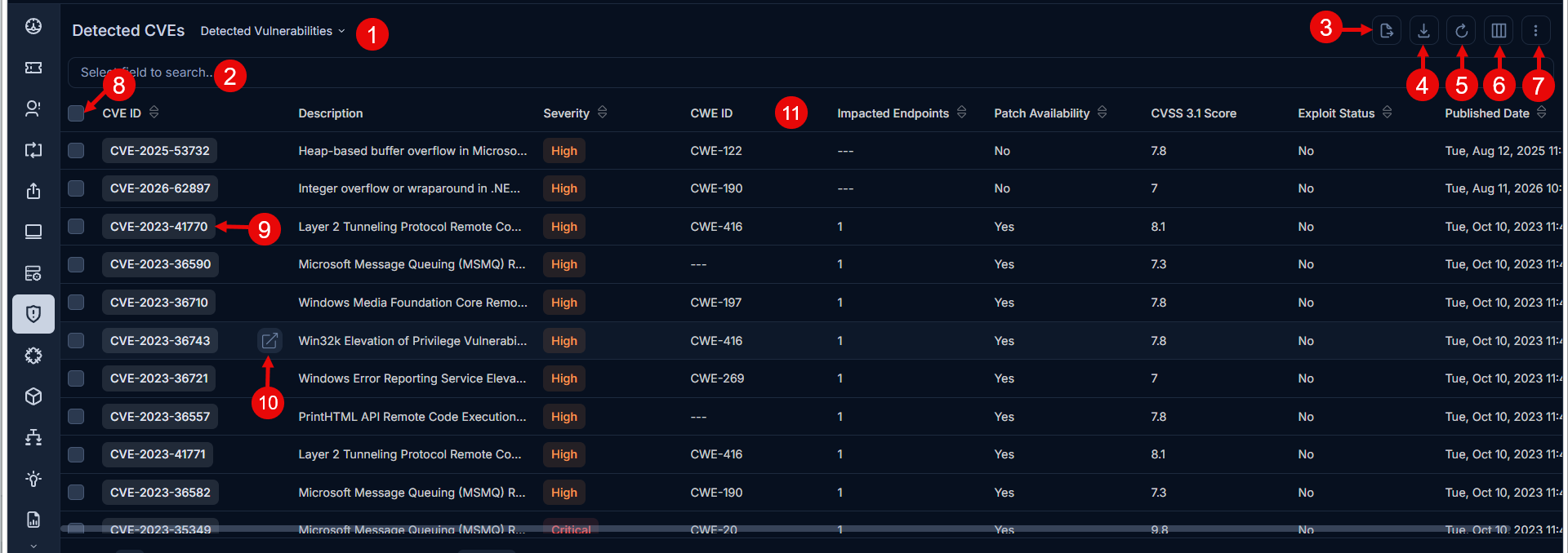 Detected CVEs list page
