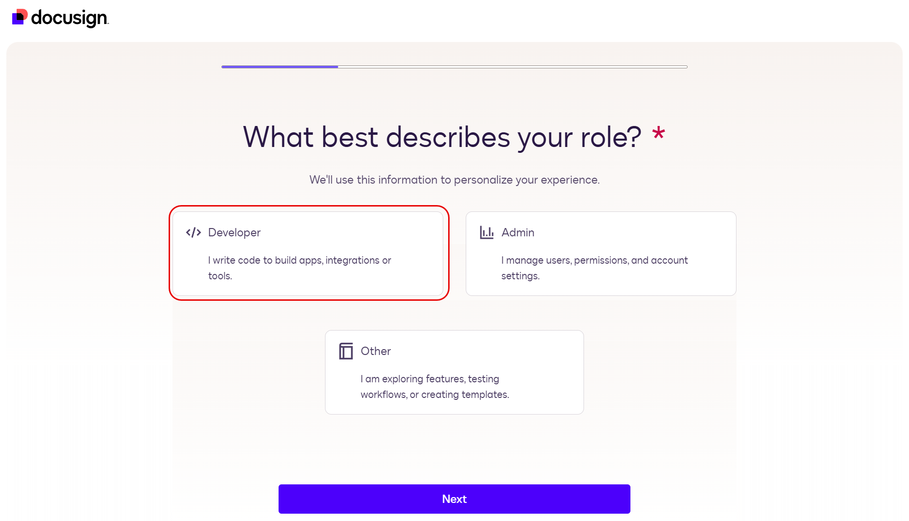 DocuSign role selection screen showing Developer, Admin, and Other options with Developer highlighted