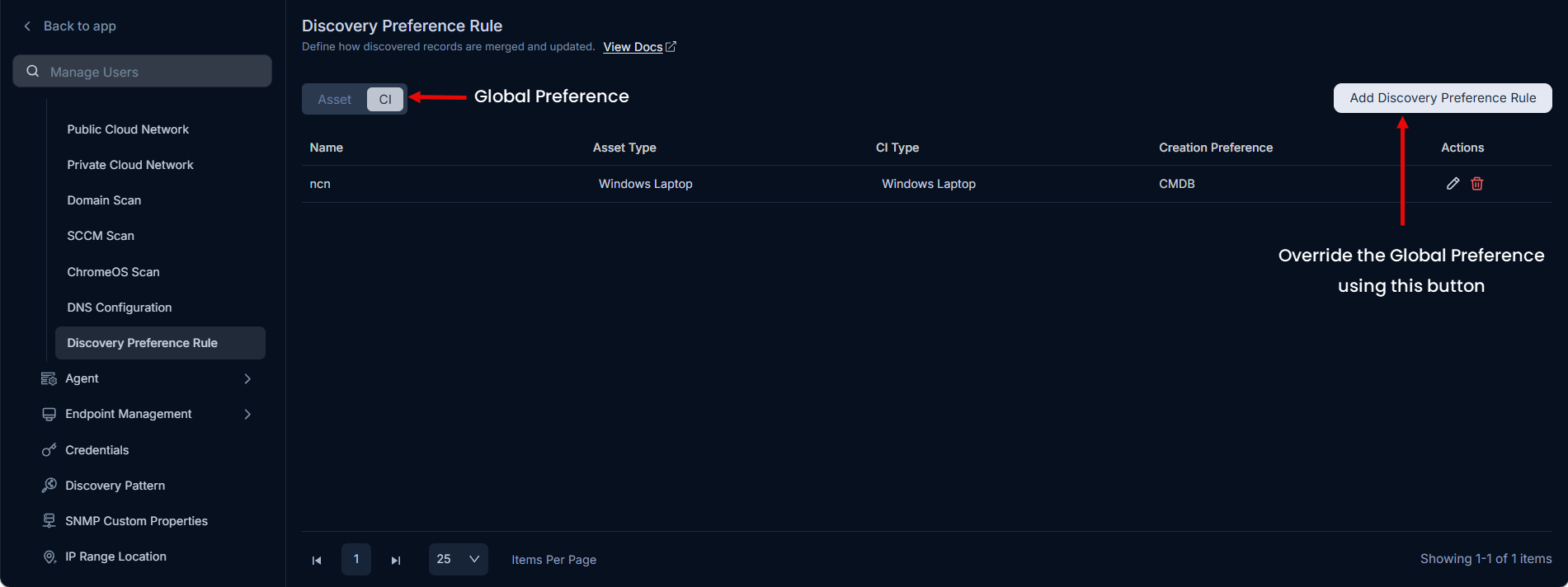 Discovery Preference Rule page showing global preference setting and rule list