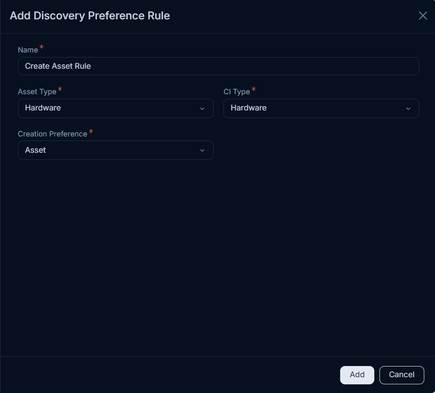 Add Discovery Preference Rule popup showing Name, Asset Type, CI Type, and Creation Preference fields