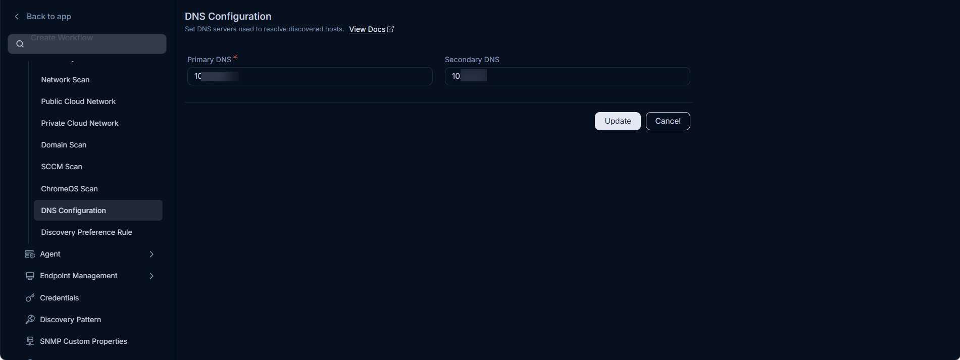 DNS Configuration page showing Primary and Secondary DNS fields