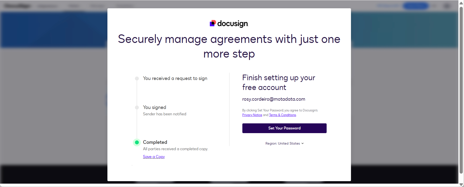 DocuSign completion confirmation screen showing the signing summary: You received a request to sign, You signed, Completed with a Save a Copy link