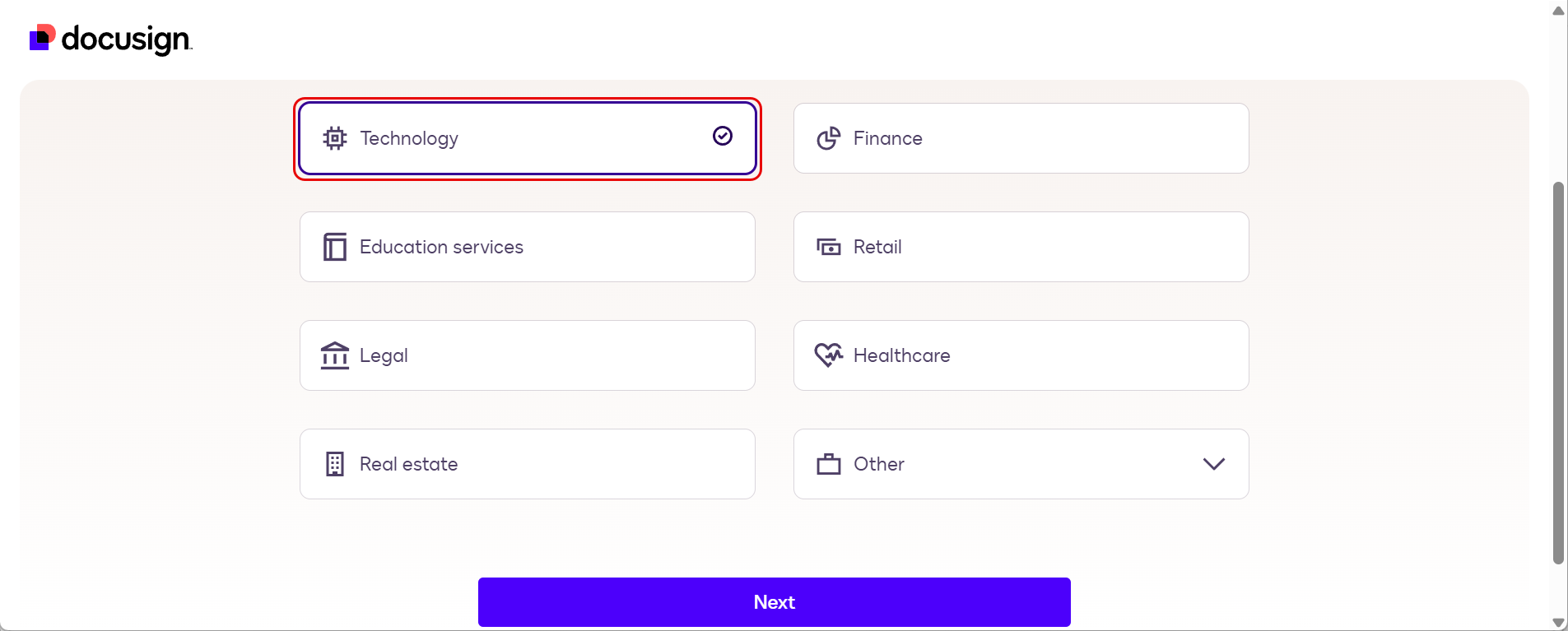 DocuSign industry selection screen showing Technology, Finance, Education services, Retail, Legal, Healthcare, Real estate, and Other options with Technology highlighted