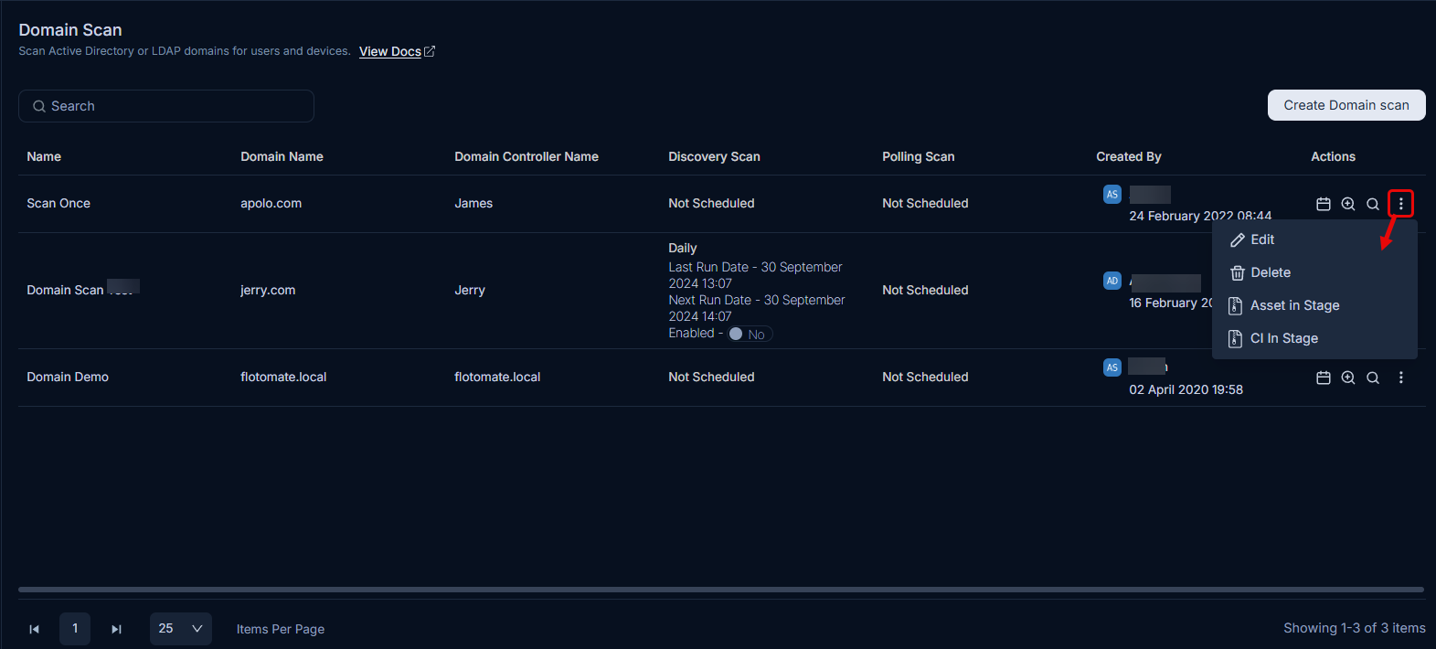 Domain Scan list page showing Name, Domain Name, created date, and creator columns
