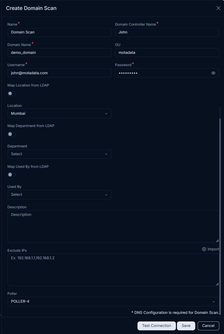 Create Domain Scan popup showing all configuration fields