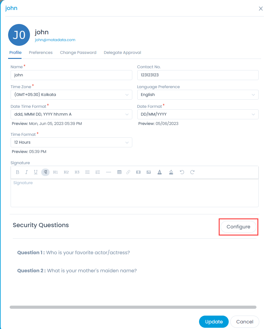 Configure Security Question button