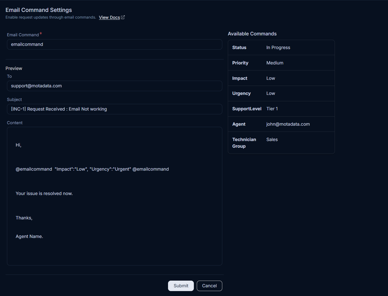 Email Command Settings