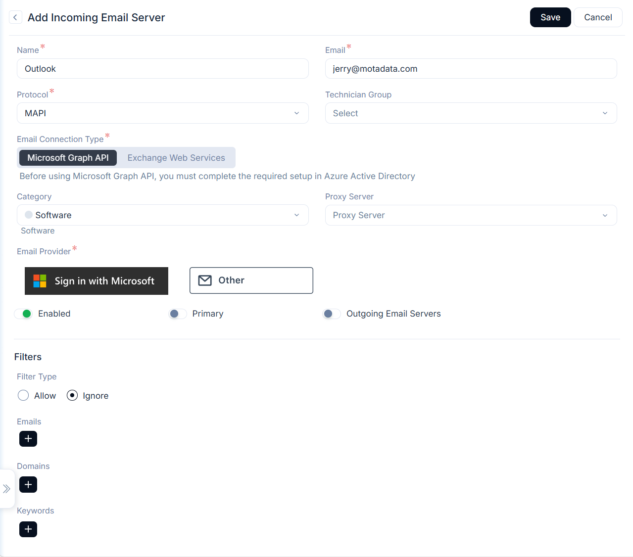 Email Connection Type field showing Microsoft Graph API and Exchange Web Services options when Protocol is set to MAPI