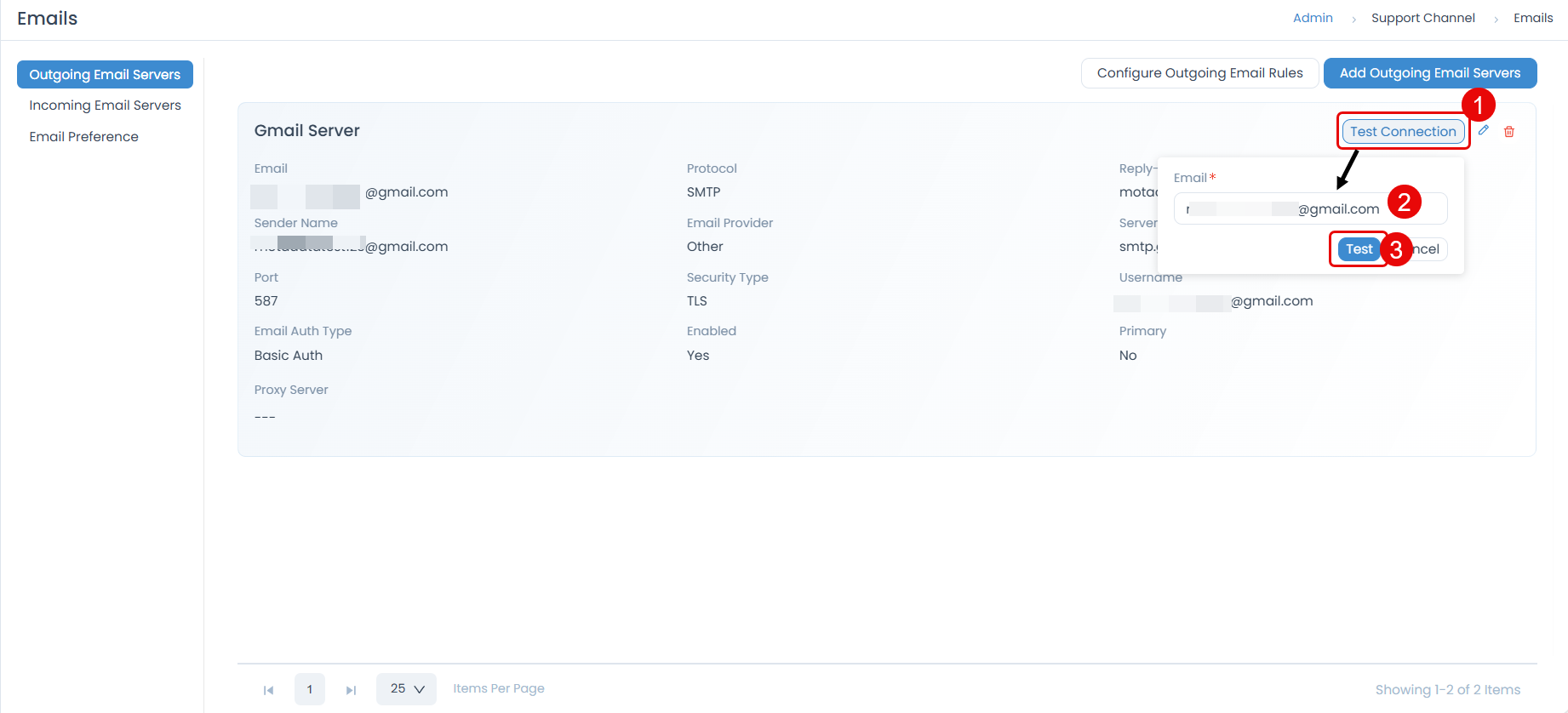 Test Connection button on the Outgoing Email Servers list page