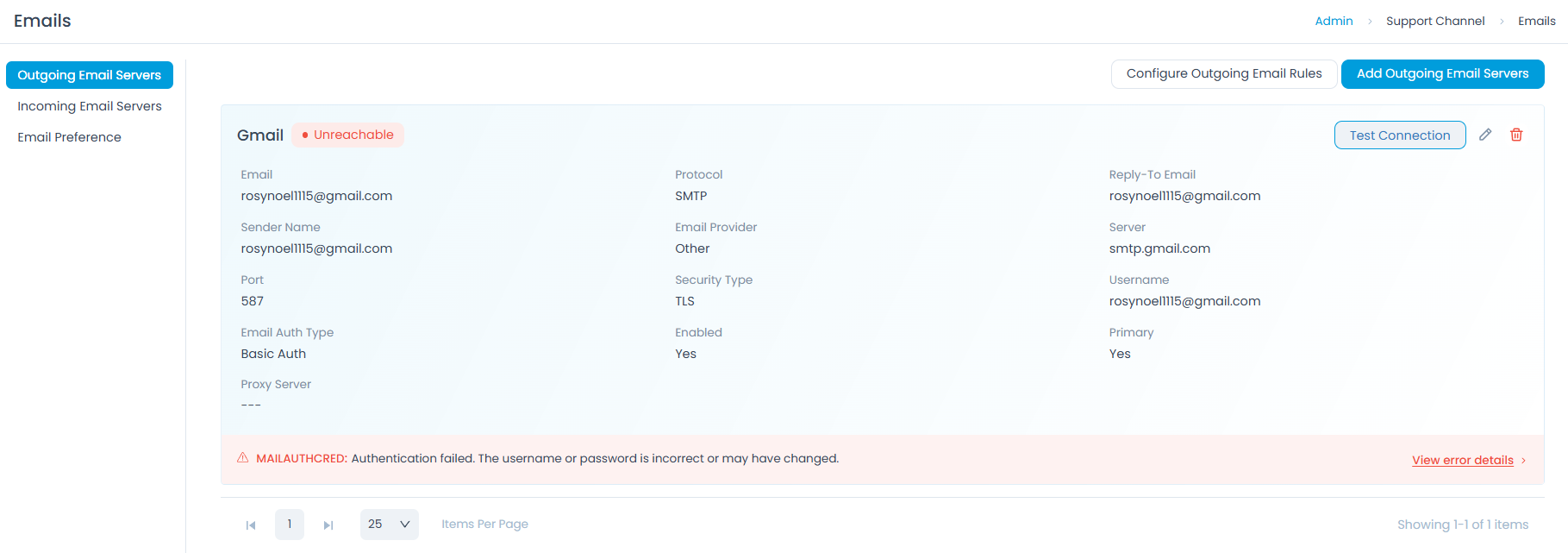 Outgoing email server card showing health status indicator