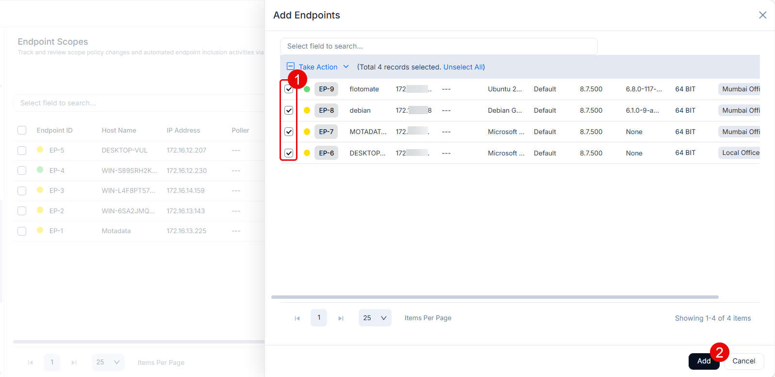 Add Endpoints popup showing available agents with search and selection options