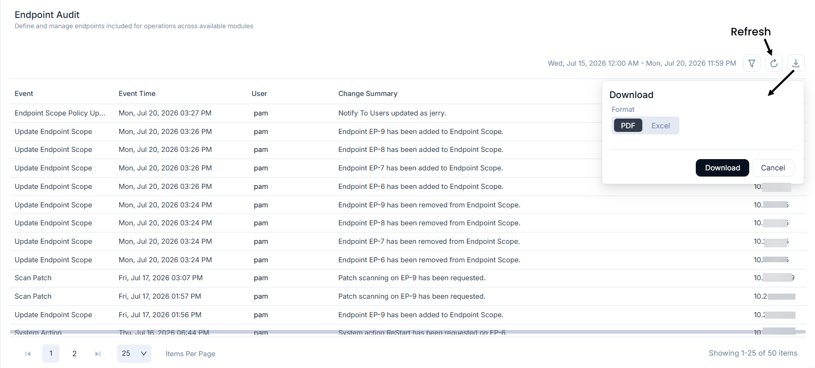 Endpoint Audit page showing a log of all endpoint inclusion and exclusion events