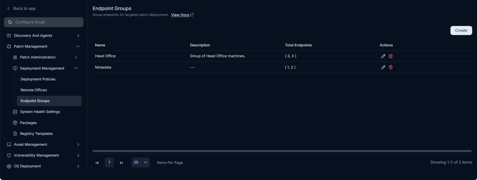 Endpoint Groups page