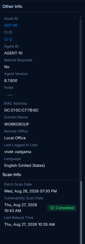 Other Info and Scan Info panels showing endpoint metadata fields and scan status badges