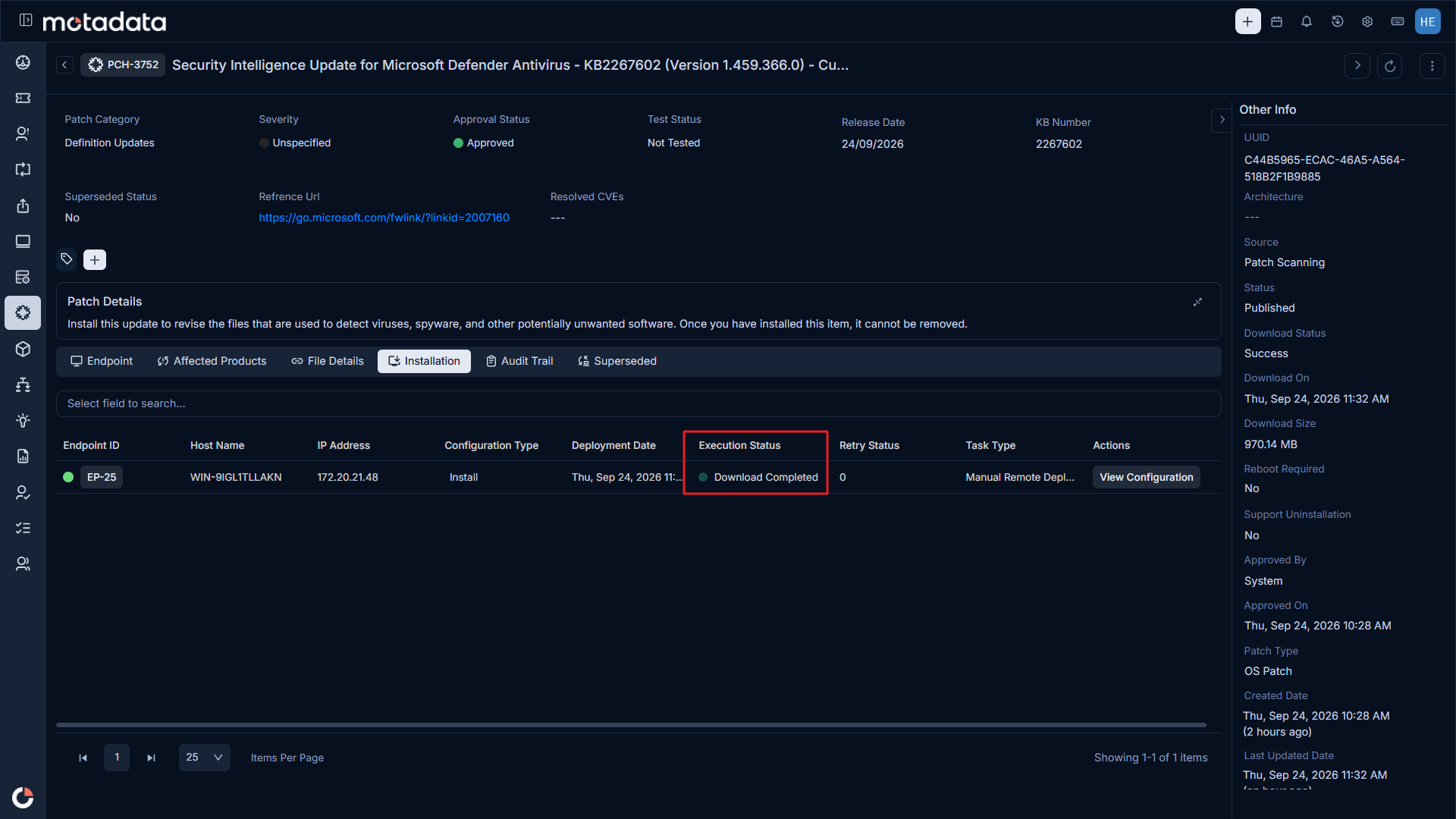 Execution Status on the Installation tab
