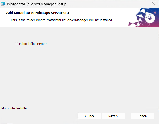 Setup wizard showing the Is Local File Server checkbox option
