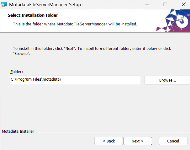 Installation Folder selection showing the default path C:Program Filesmotadata