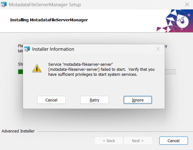 Service motadata-fileserver-server failed to start error message during installation