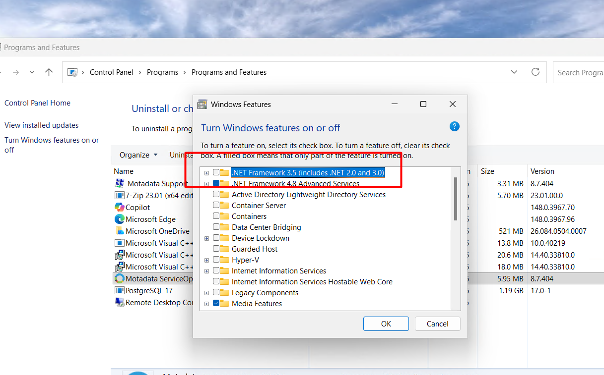 Windows Features dialog with .NET Framework 3.5 checkbox enabled