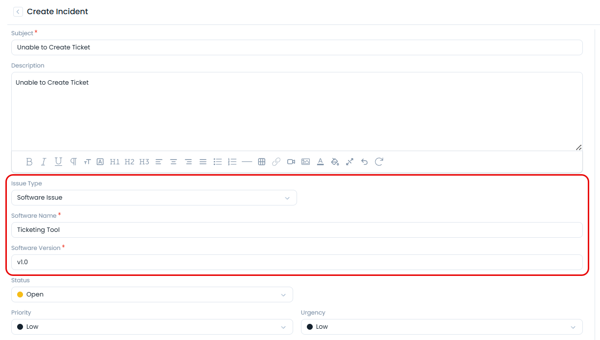 Create Incident - Software Issue