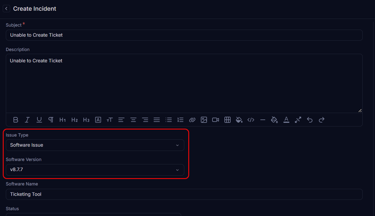 Create Incident - Software Issue