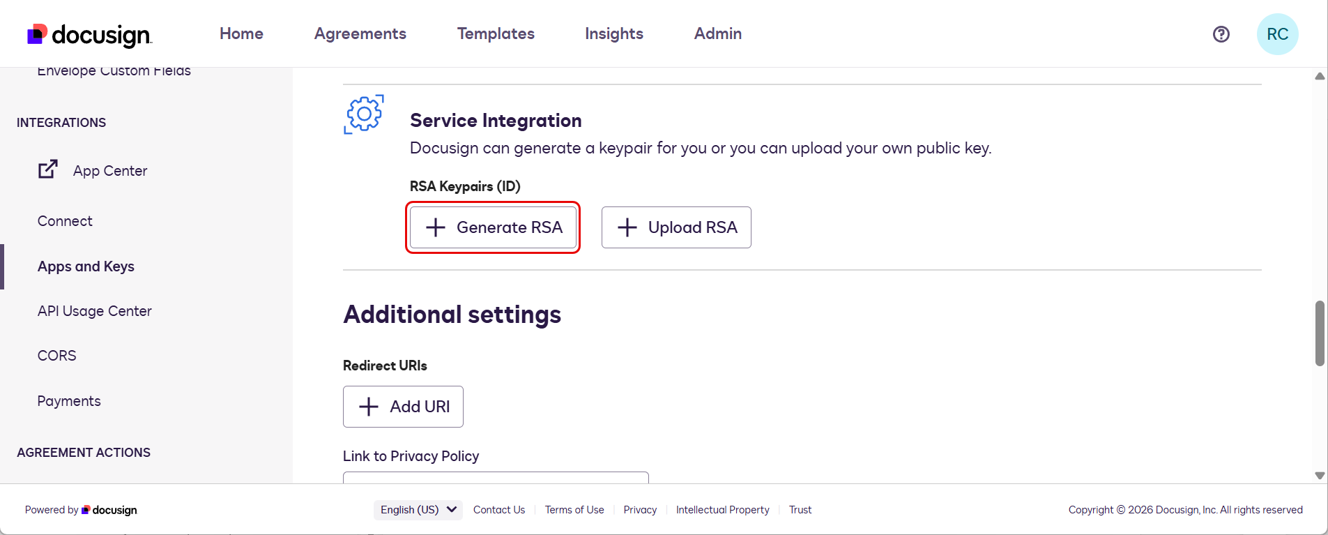 Generate RSA Keypair button in the Service Integration section