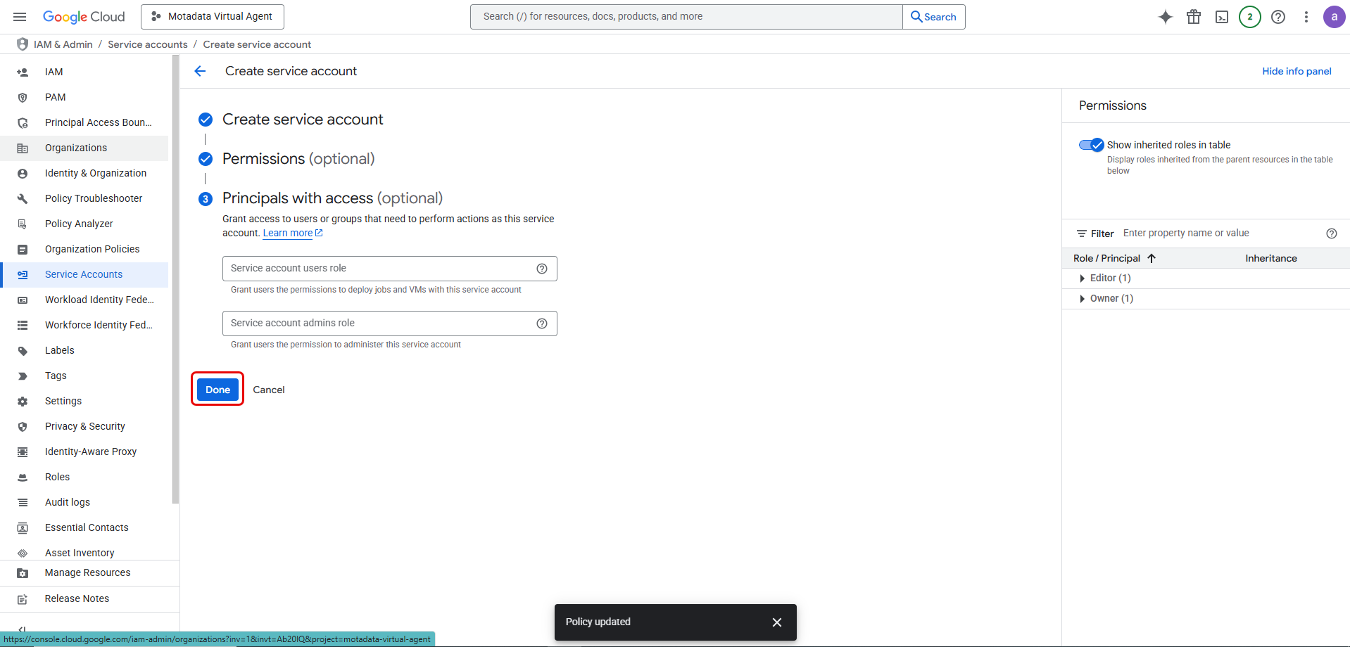 Finish creating Service Account