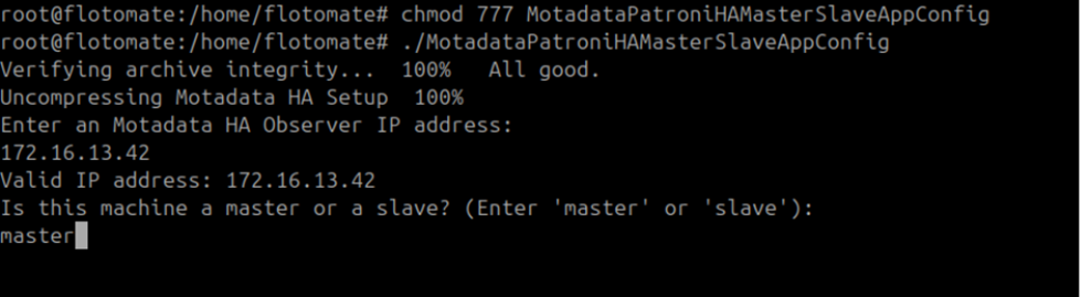Terminal showing master entered at the machine role prompt during application configuration
