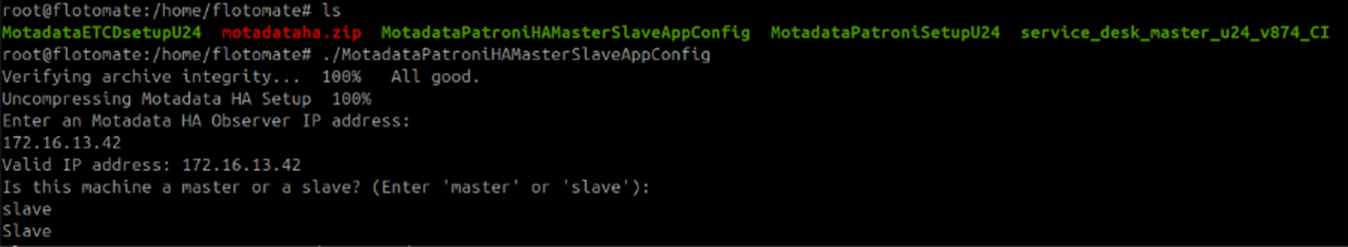 Terminal showing slave entered at the machine role prompt on the Slave application server