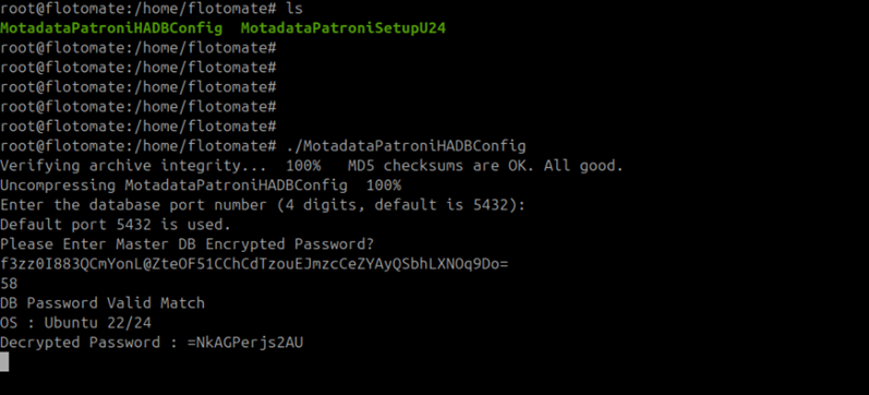 Terminal showing the database password prompt during MotadataPatroniHADBConfig execution on the Master
