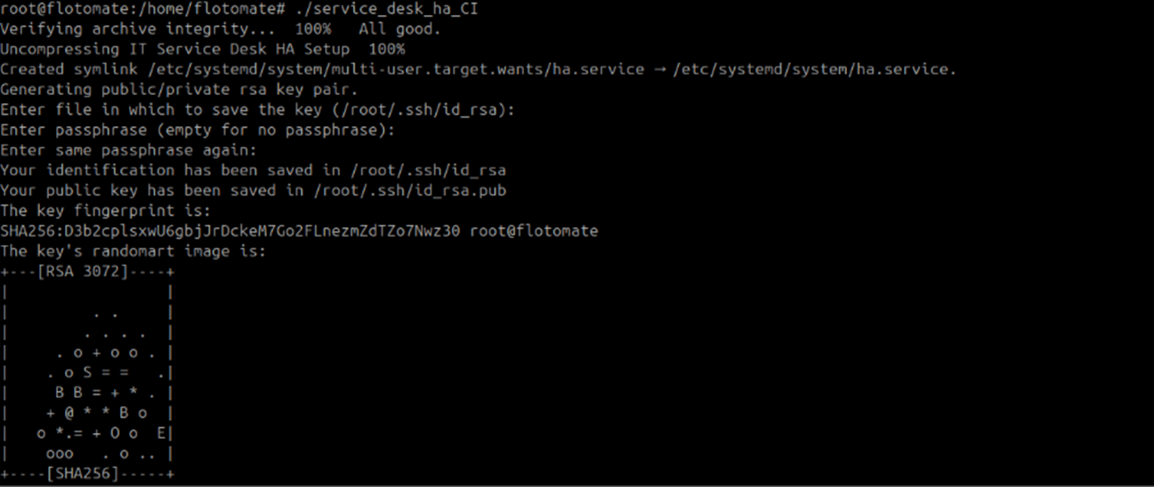Terminal showing MotadataAppHASetup generating SSH key pairs on the Observer machine