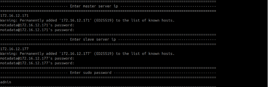 Terminal showing Master and Slave IP address and password prompts during HA Observer configuration