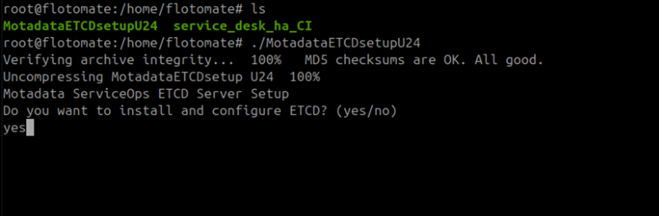 Terminal showing yes entered at the ETCD install and configure prompt