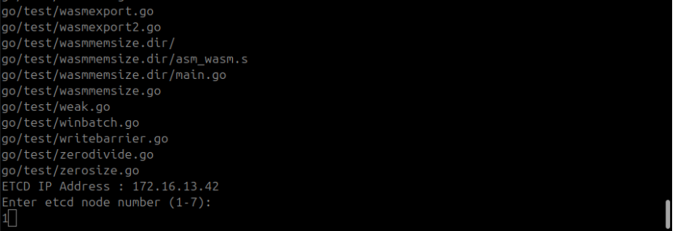 Terminal showing 1 entered at the ETCD node number prompt for a single-node setup