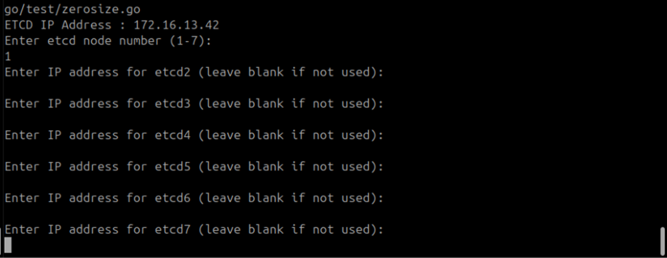 Terminal showing blank entries at the additional ETCD node IP prompts
