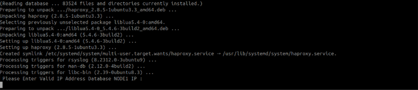 Terminal showing HAProxy configuration complete after DB and APP IP addresses are entered